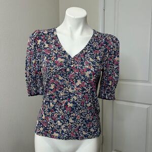 Lucky Brand Ditsy Floral Blouse Womens Small Navy Red Smocked Puff Sleeve Boho